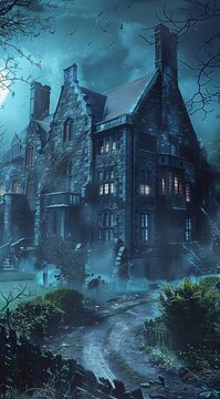 A large, decrepit manor house with ghostly figures visible in the windows, foggy, overgrown garden, moonlight, eerie shadows, chilling, haunted ambiance, fantasy horror illustration, banner with space