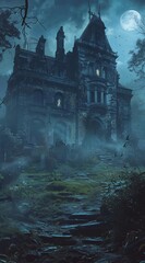 A large, decrepit manor house with ghostly figures visible in the windows, foggy, overgrown garden, moonlight, eerie shadows, chilling, haunted ambiance, fantasy horror illustration, banner with space