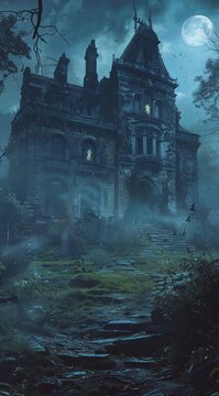 A large, decrepit manor house with ghostly figures visible in the windows, foggy, overgrown garden, moonlight, eerie shadows, chilling, haunted ambiance, fantasy horror illustration, banner with space