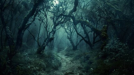 Fototapeta premium Narrow path winding through a dense dark forest, with twisted trees hanging moss. The moonlight filters through the branches, eerie, shadowy ambiance, mysterious illustration, banner with copyspace