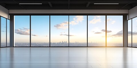 Fototapeta premium Empty Modern Office with Panoramic City Skyline View