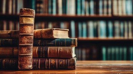 A stack of old books on table with blur book shelf in library room, education background -