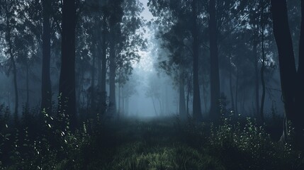 Fototapeta premium Eerie forest with fog, dim light, spooky atmosphere, Halloween theme