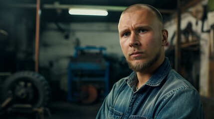Fototapeta premium A bearded man with a serious expression stands in an industrial workshop, surrounded by machinery and tools, showing determination.