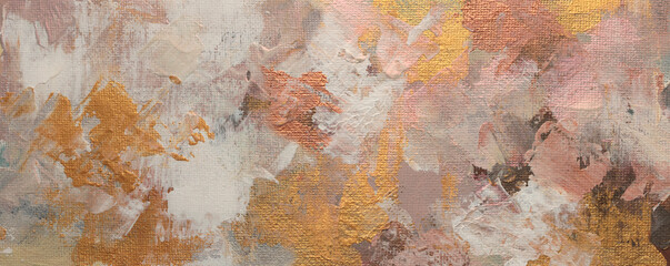 Art Acrylic, oil hand drawn smear blot canvas painting. Abstract texture gold, beige neutral pastel color stain horizontal background.