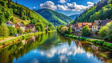Obraz premium Scenic view of Thur River in Thann, Vosges mountains, Alsace, France, Europe , Thann, Vosges, Alsace, France, Europe