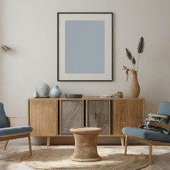 Home interior mock up, cozy modern room with natural wooden furniture