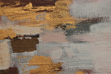 Art Acrylic, oil hand drawn smear blot canvas painting. Abstract texture gold, beige, brown color...