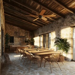 Fototapeta premium Rustic Stone Wall Interior Design with Wooden Table and Chairs