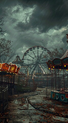 Old, rundown carnival with broken rides and tattered tents, under a dark cloudy sky, fog, with creepy clowns, eerie lights, sinister atmosphere, surreal horror Halloween background, banner copyspace