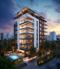 Modern Luxury Apartment Building with Pool and Palm Trees