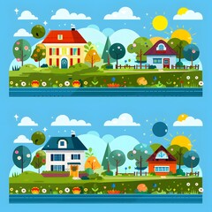 Fototapeta premium Cute Cartoon Style Houses With Green Grass And Flowers