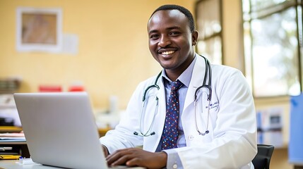 ofphotograph of Smiling doctor with laptop at table in clinic.