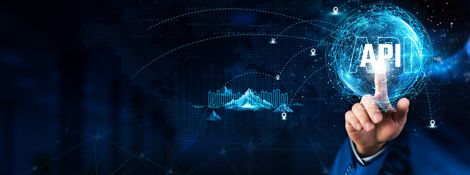 API: Hand touching global network connection and data exchanges, technology structure. Innovation networking on dark background, integration, scalability, efficiency.