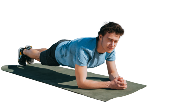 Man exercising on a yoga mat outdoors, performing a plank position against transparent background, showcasing a healthy and active lifestyle
