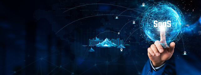 .SaaS: Hand touching global network connection and data exchanges, technology structure. Innovation...
