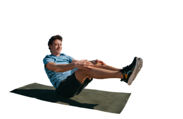 young man performing core exercises on a yoga mat against transparent background, enjoying  fit and healthy life