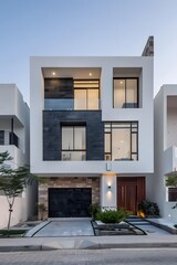 Modern White House with Black Stone Accents and Garage
