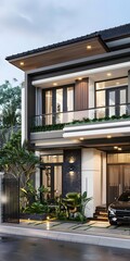 Fototapeta premium Modern House Design With Green Plants And A Car
