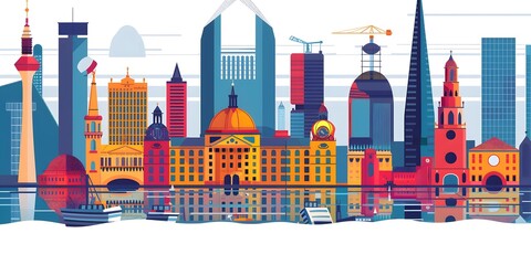 Fototapeta premium Cityscape Illustration with Buildings and Water Reflection