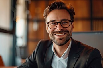 Fototapeta premium photo of a happy business man, one color background and office space,generative ai