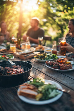 A group of friends enjoys an outdoor barbecue at home, gathered around a grill in a lively, relaxed setting
