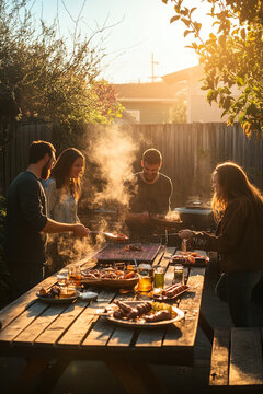 A group of friends enjoys an outdoor barbecue at home, gathered around a grill in a lively, relaxed setting