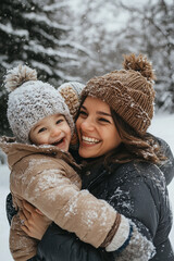 Obraz premium A happy family enjoys a winter walk, with the mother and her children frolicking in the snow. 