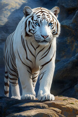 Fototapeta premium A majestic white tiger stands gracefully, showcasing its striking white fur with bold black stripes.