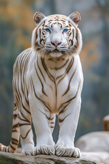 Fototapeta premium A majestic white tiger stands gracefully, showcasing its striking white fur with bold black stripes.