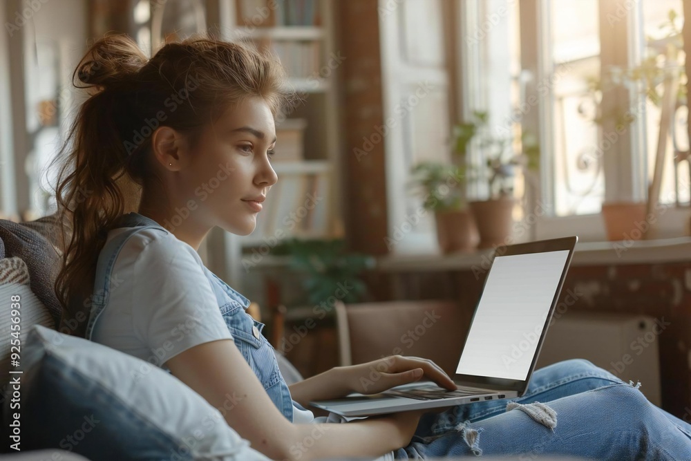 Fototapete woman sitting on a cozy sofa at home with a laptop computer open in front of her, featuring a blank 