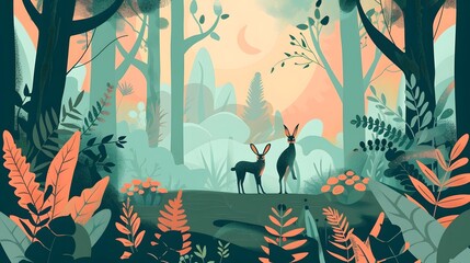 Two Rabbits in the Forest at Sunset