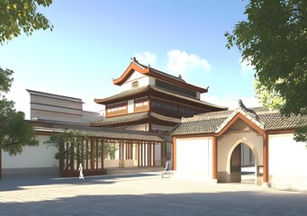 Naklejka premium Traditional Chinese Architecture Courtyard Design with Two People
