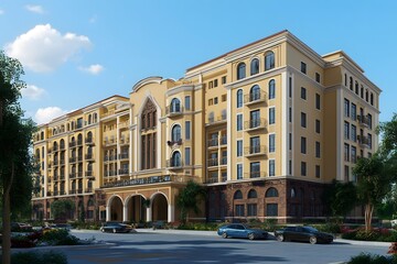 Obraz premium Modern Yellow Building with Arched Entryway