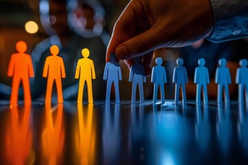 close-up photo of a hand picking out the ideal job candidate from a row of diverse applicants in an office setting.