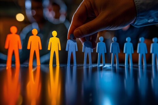 close-up photo of a hand picking out the ideal job candidate from a row of diverse applicants in an office setting.