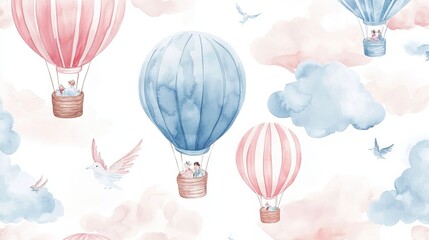 A baby wallpaper featuring a hand-drawn watercolor seamless pattern of hot air balloons and clouds, in delicate blue and pink pastel colors. Ideal for children's room design for a boy or girl
