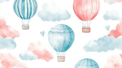 A baby wallpaper featuring a hand-drawn watercolor seamless pattern of hot air balloons and clouds, in delicate blue and pink pastel colors. Ideal for children's room design for a boy or girl