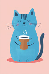 
Cute slightly fat big blue cat sitting and drinking a espresso, a simple flat illustration on a light pink background