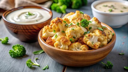 Roasted cauliflower florets with creamy tahini dip in a bowl, a delicious and easy vegetarian appetizer, roasted, cauliflower