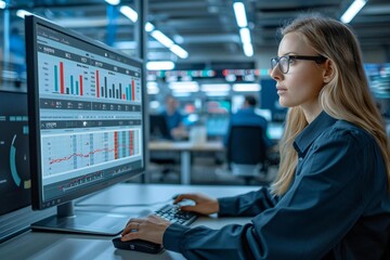 professional businesswoman analyzing KPI data on a computer screen in a modern office setting.