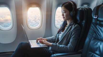 Successful Asian business woman, Business woman working in airplane cabin during flight on laptop computer