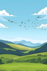 Green Grass Field and Blue Sky with Birds