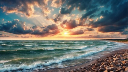 Fototapeta premium Panoramic Coastline with Waves and Clouds