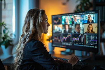 woman sitting at her computer, attentively watching a video conference business webinar with multiple analysts and data on the screen.