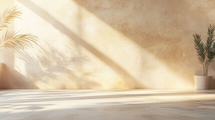 Background Beige Wall Studio Room with Light,Shadow on Table Top,Backdrop for Autumn,Fall Season prod