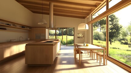 Naklejka premium Modern Kitchen Interior Design with Large Windows and Wooden Floor