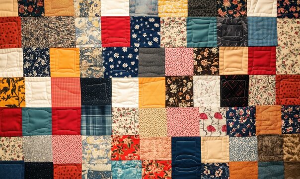 A patchwork quilt with many different colored squares