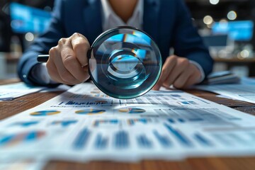 close-up shot of a business auditor using a magnifying glass to investigate paperwork for potential fraud during a tax audit. The background features a digital corporate setting