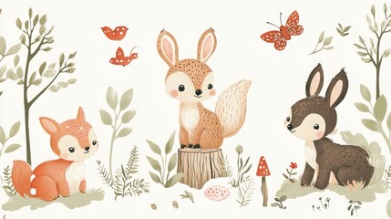 Fototapeta premium A cute wallpaper design featuring adorable animals, ideal for decorating kids' rooms. 